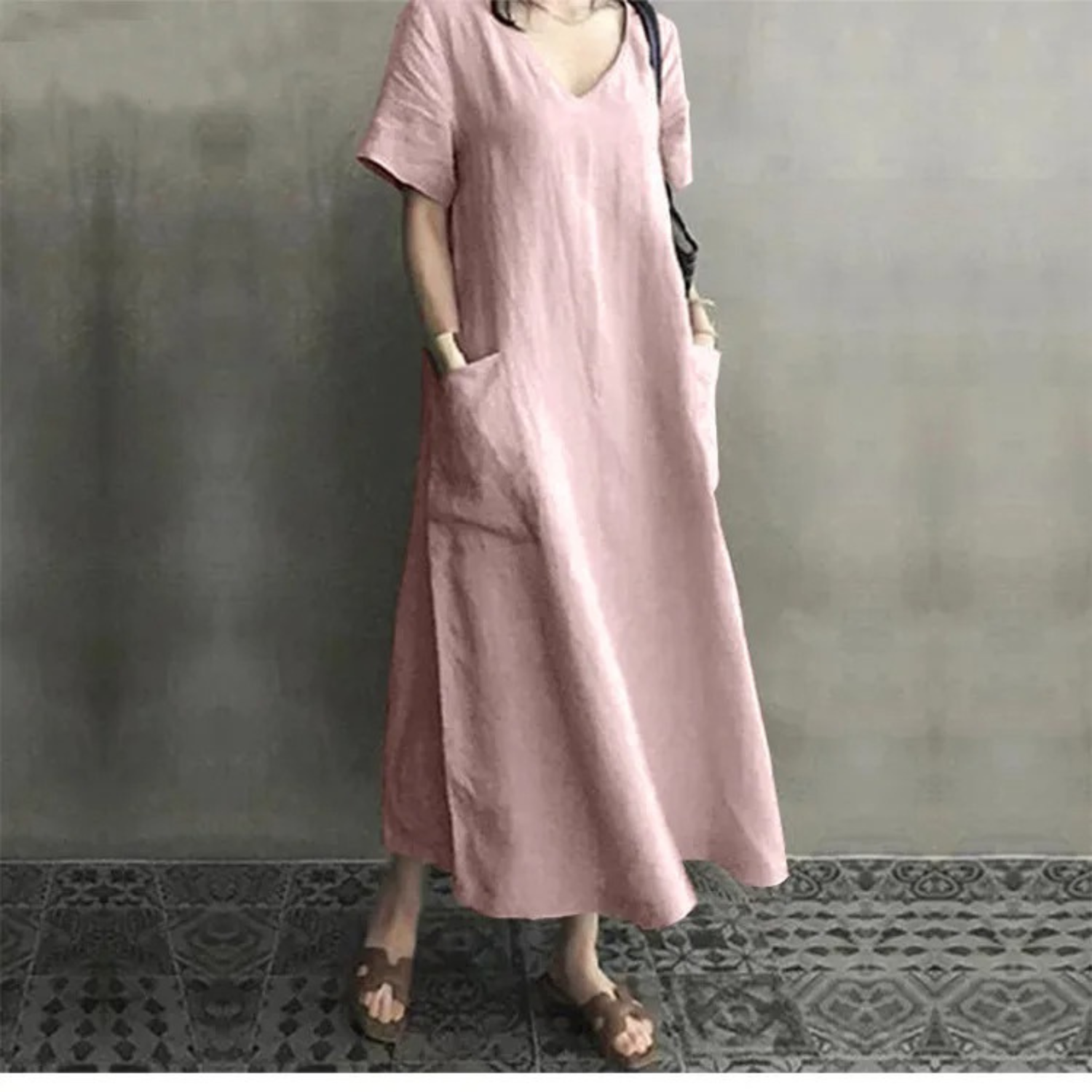 GR | Schlank Bequem Leinenkleid mit V-Ausschnitt