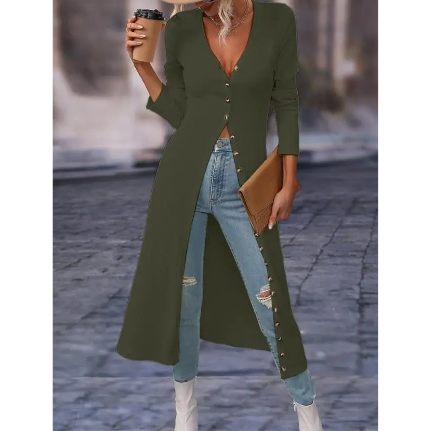 GR | Fit V-neck With button Long summer jacket