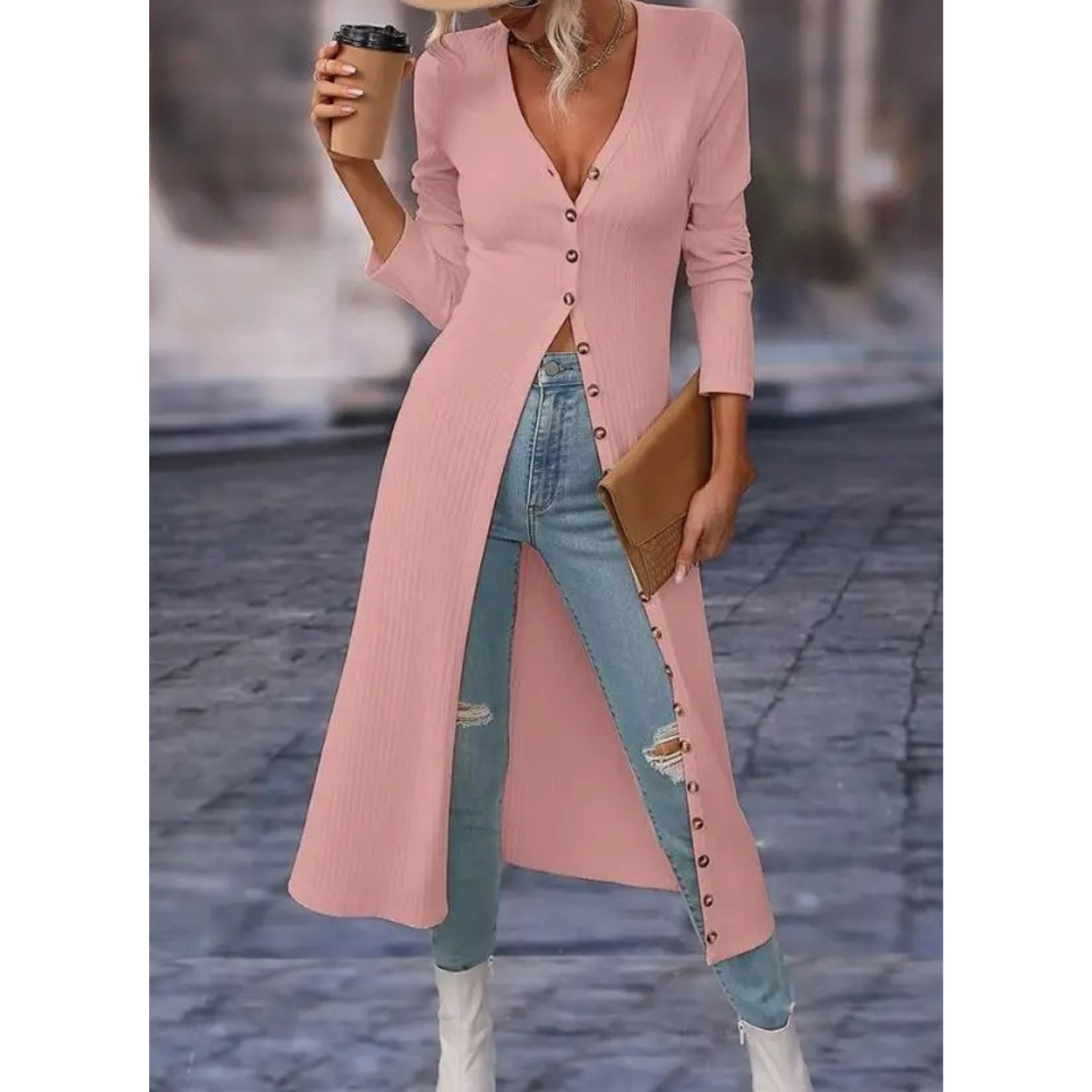 GR | Fit V-neck With button Long summer jacket