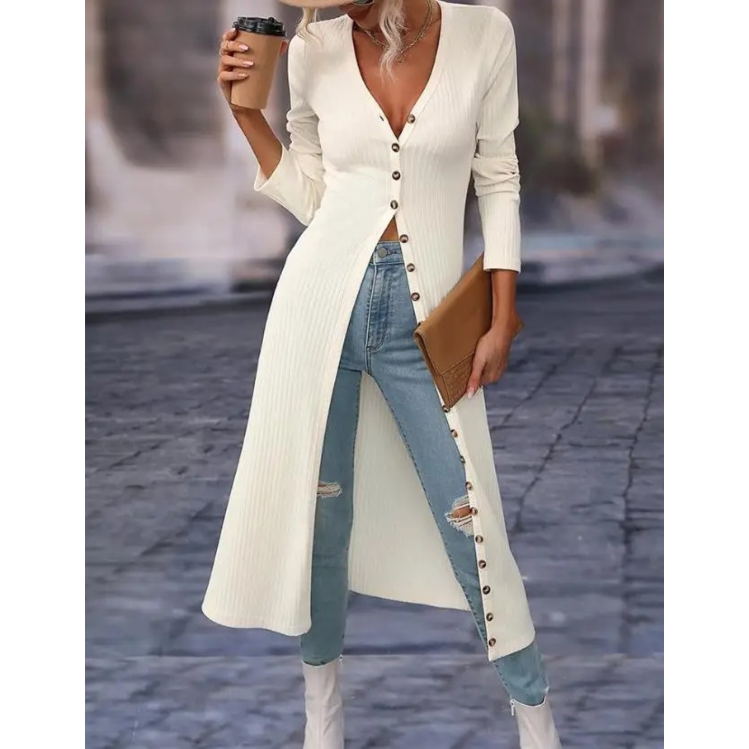 GR | Fit V-neck With button Long summer jacket