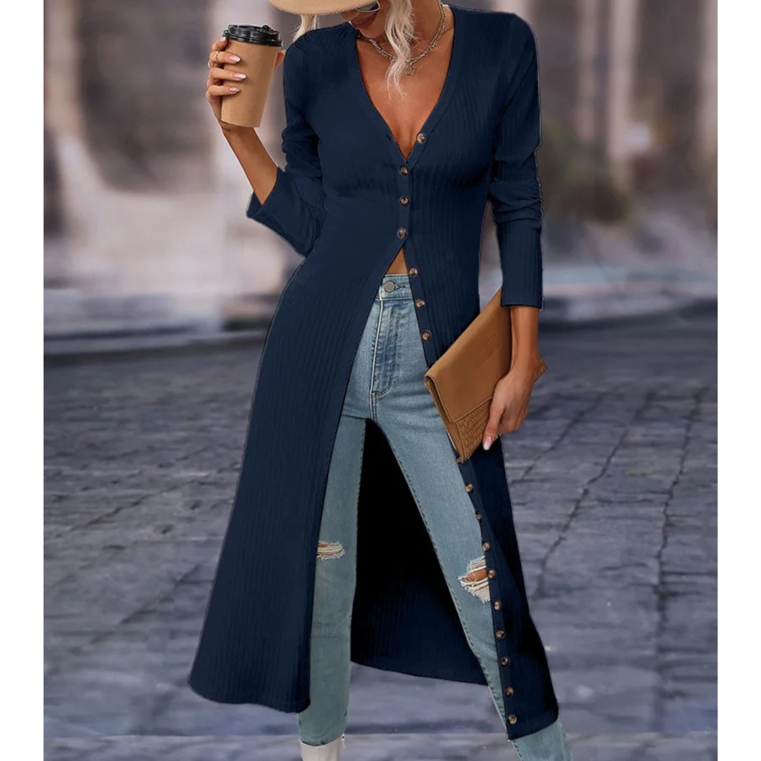 GR | Fit V-neck With button Long summer jacket