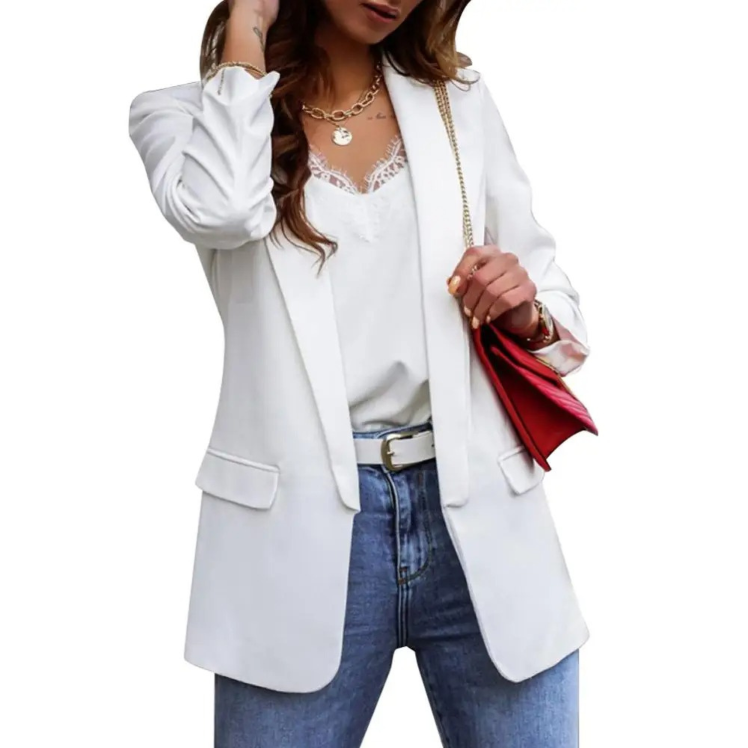 GR | Solid color jacket, modern women's blazer with lapels and long sleeves