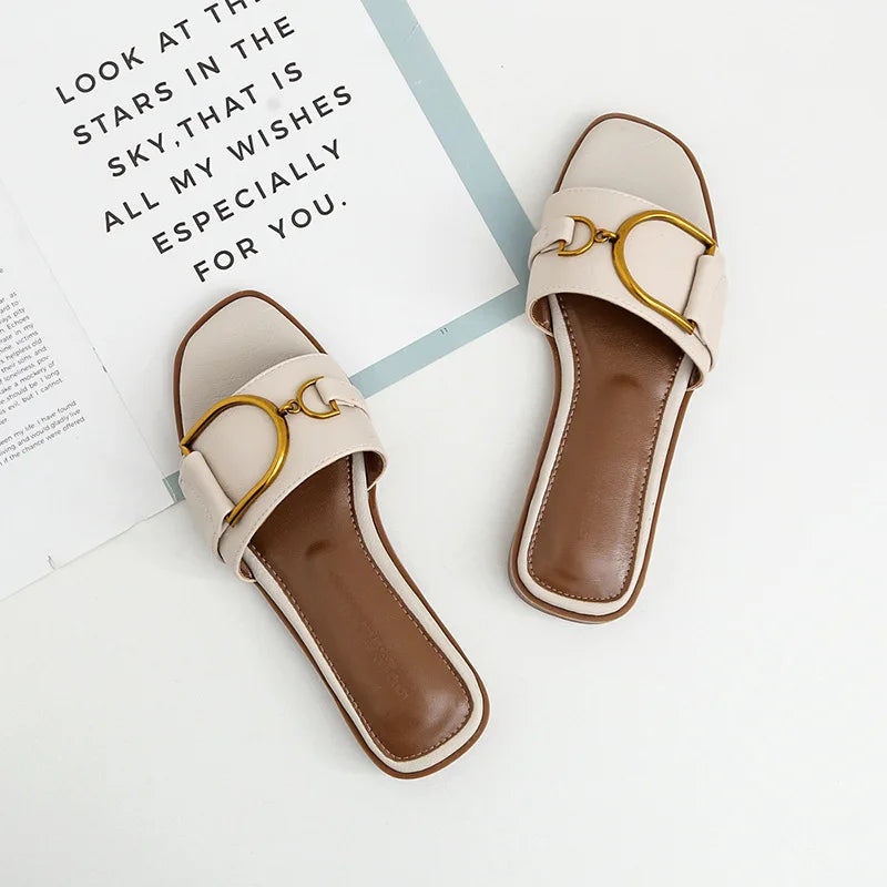 GR – Women's leather slippers with square toe: Designer flats with metal embellishment, outdoor flip-flops, rubber sole