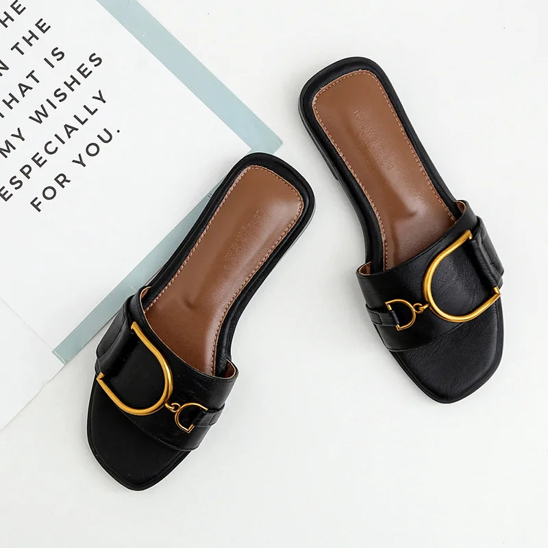 GR – Women's leather slippers with square toe: Designer flats with metal embellishment, outdoor flip-flops, rubber sole