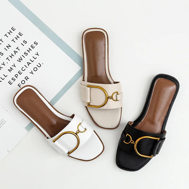 GR – Women's leather slippers with square toe: Designer flats with metal embellishment, outdoor flip-flops, rubber sole