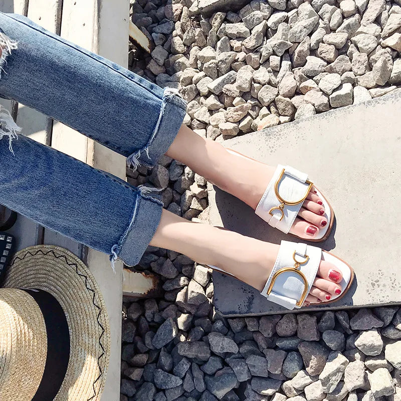 GR – Women's leather slippers with square toe: Designer flats with metal embellishment, outdoor flip-flops, rubber sole