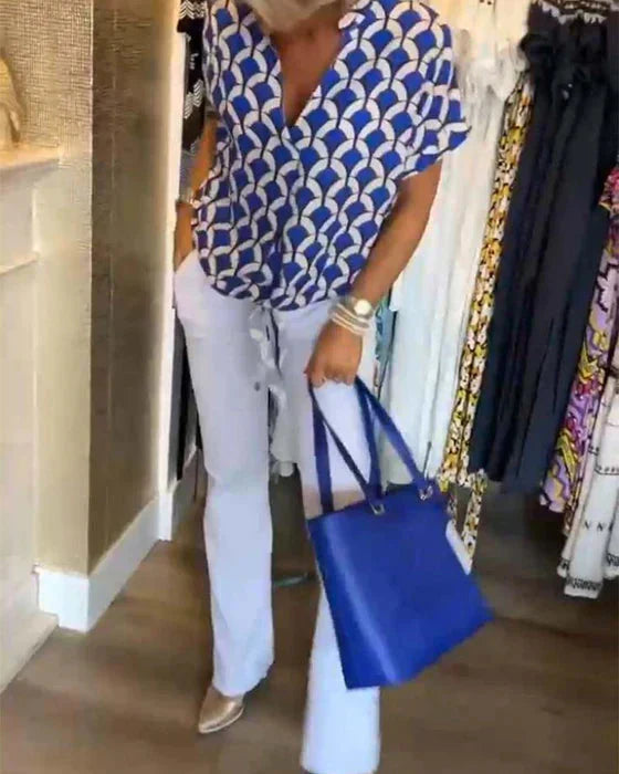 GR | Top Women's Loose Fit V-Neck Short Sleeve Blouse