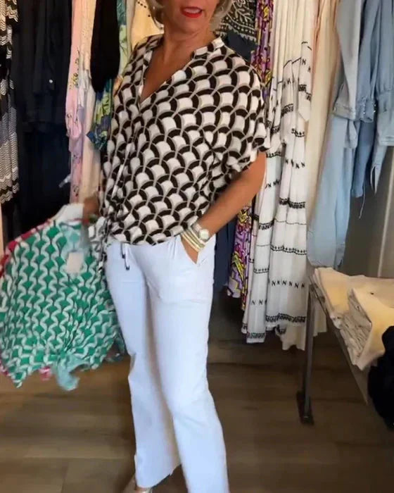 GR | Top Women's Loose Fit V-Neck Short Sleeve Blouse