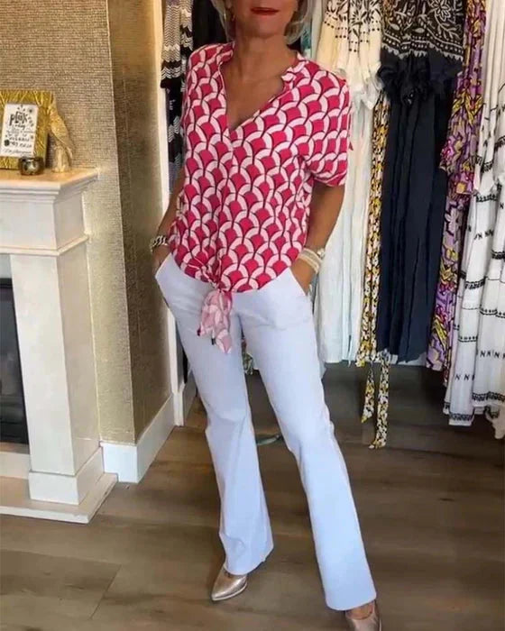 GR | Top Women's Loose Fit V-Neck Short Sleeve Blouse