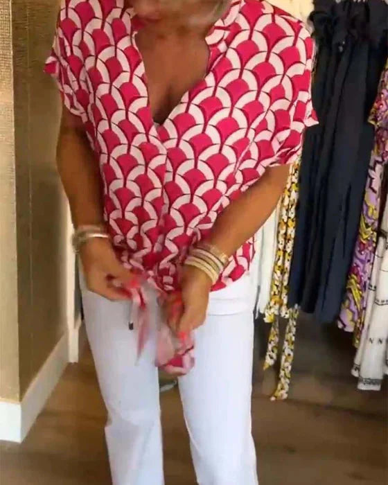 GR | Top Women's Loose Fit V-Neck Short Sleeve Blouse