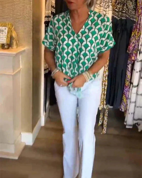 GR | Top Women's Loose Fit V-Neck Short Sleeve Blouse