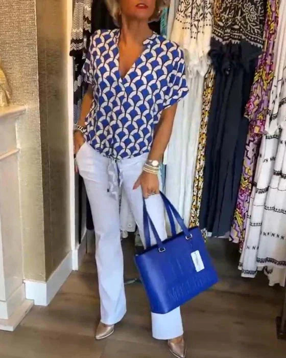 GR | Top Women's Loose Fit V-Neck Short Sleeve Blouse