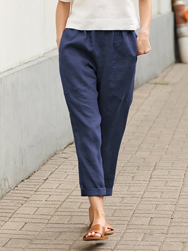 GR | Loose Fit Linen Trousers with Pockets Women's Clothing