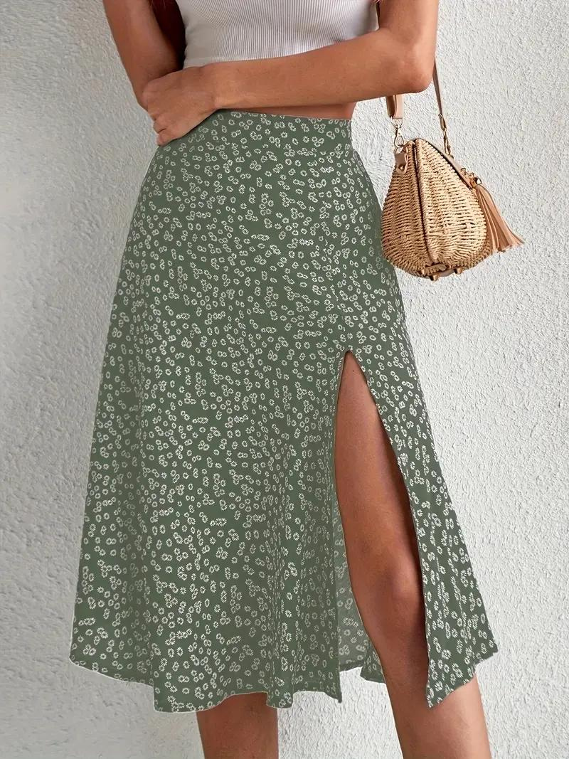 GR | Sommerrock, floral, geteilt, Midi-Rock, Rock mit hoher Taille