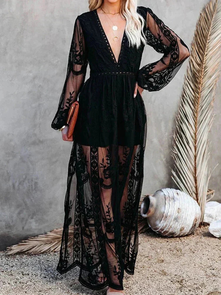 GR | V-neck Long Sleeve Maxi Dress Summer Dress