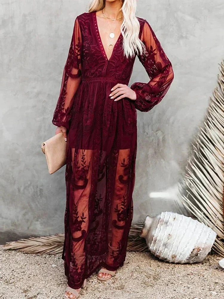 GR | V-neck Long Sleeve Maxi Dress Summer Dress