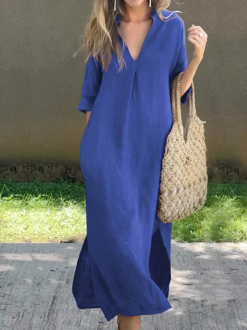 GR | Leinenkleid Mit V-ausschnitt Und Taschen Für Damen