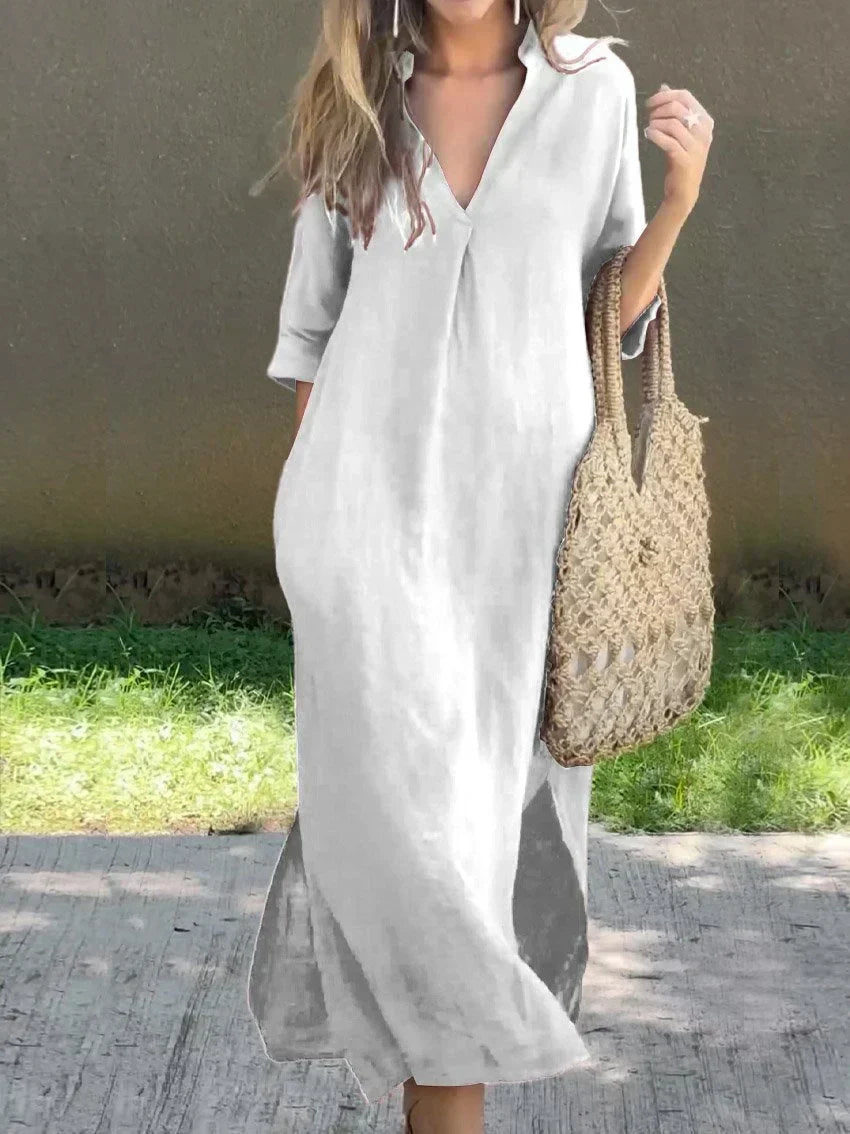 GR | Leinenkleid Mit V-ausschnitt Und Taschen Für Damen