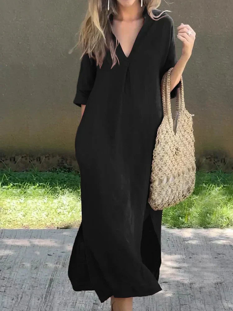 GR | Leinenkleid Mit V-ausschnitt Und Taschen Für Damen