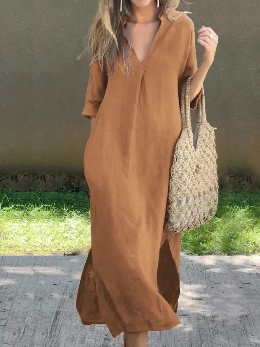 GR | Leinenkleid Mit V-ausschnitt Und Taschen Für Damen