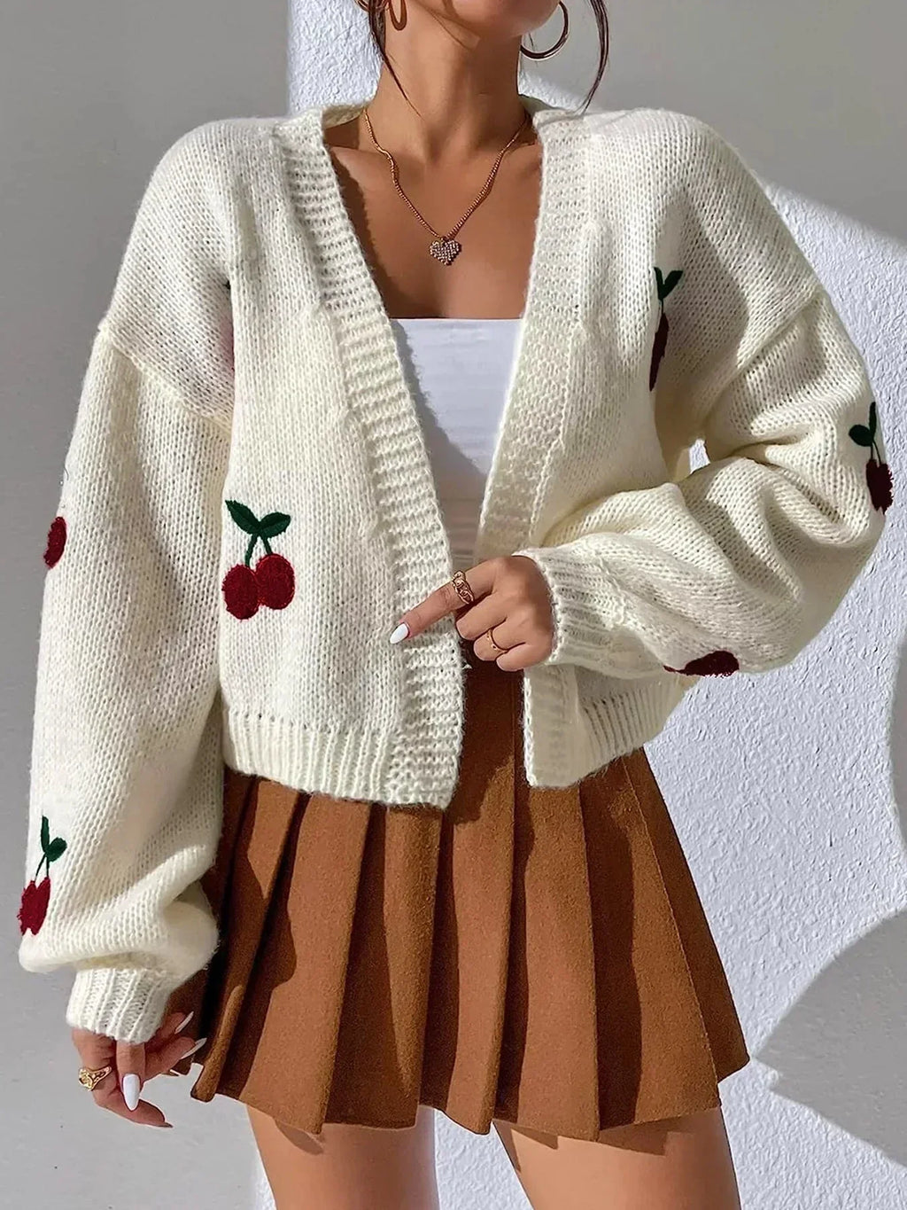 GR | Kirschrot Weiß Grobstrickjacke Damenjacke