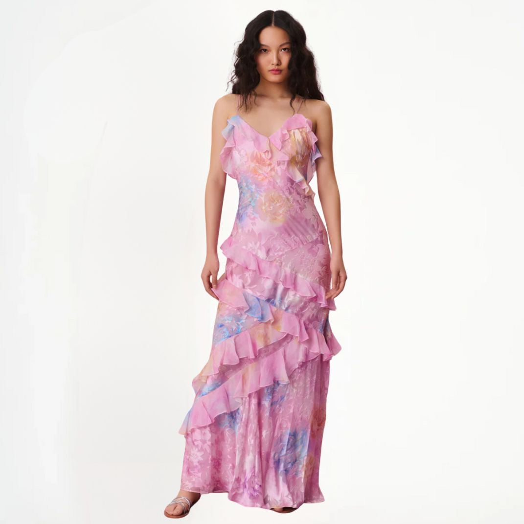 GR | Women's Floral Dress with Ruffles & V-Neck