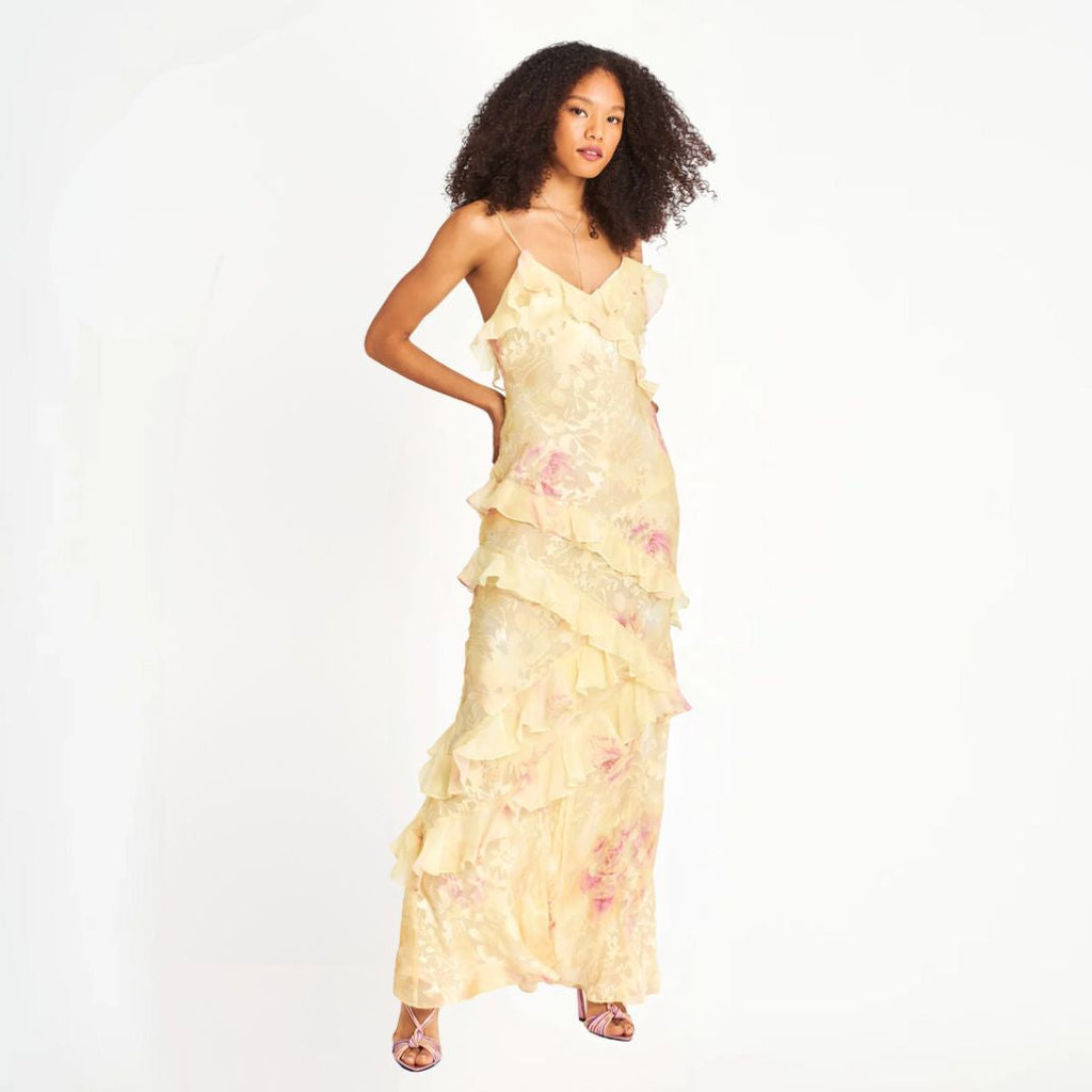 GR | Damen Blumenkleid Mit Rüschen & V-ausschnitt