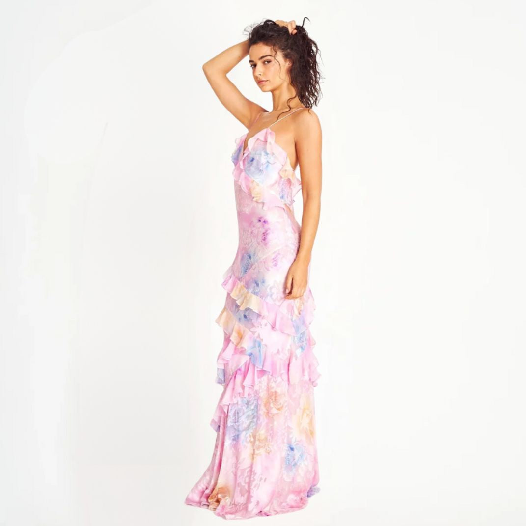 GR | Women's Floral Dress with Ruffles & V-Neck