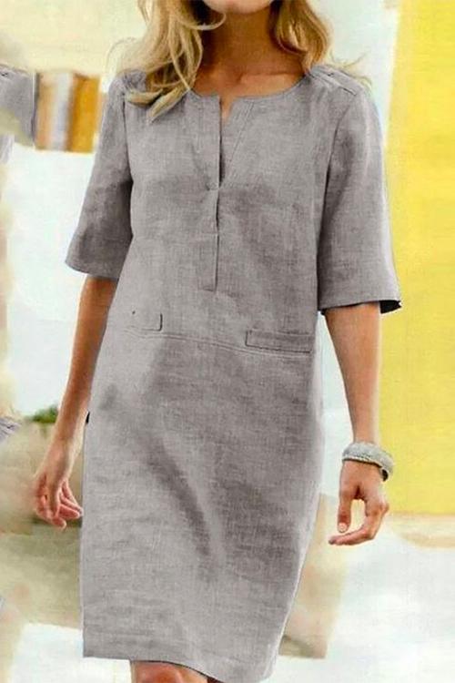 GR | Straight linen and cotton dress with half sleeves