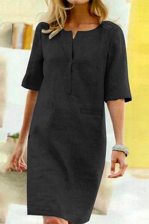 GR | Straight linen and cotton dress with half sleeves