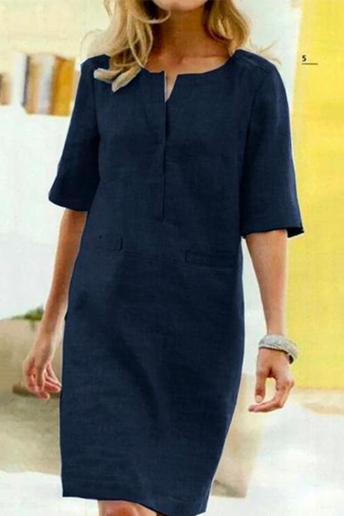 GR | Straight linen and cotton dress with half sleeves