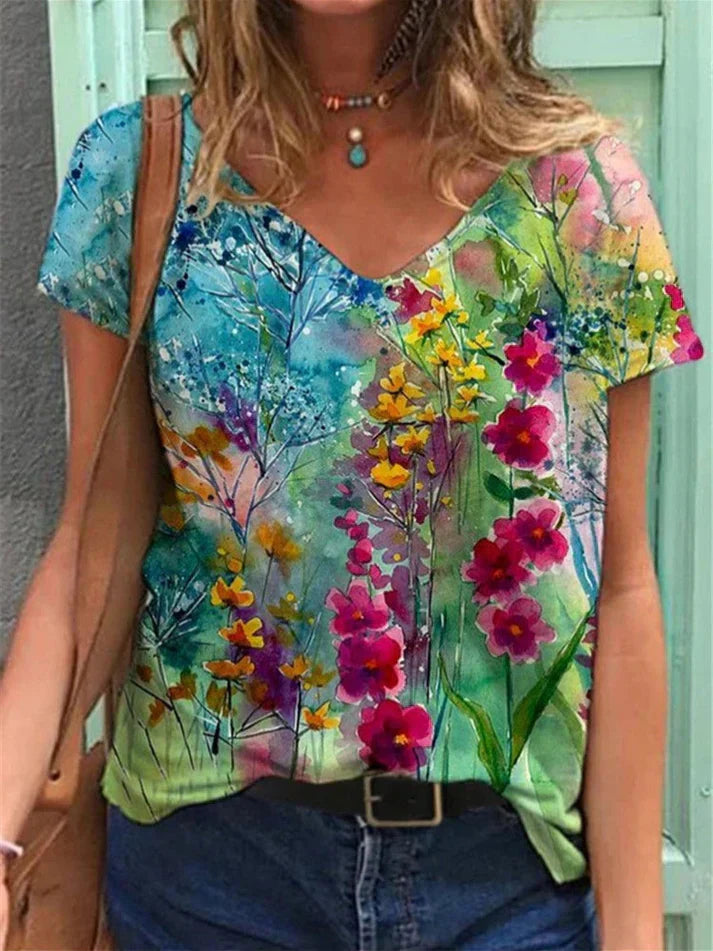 GR | Shirt Mit V-ausschnitt Malerei Blumenkunst