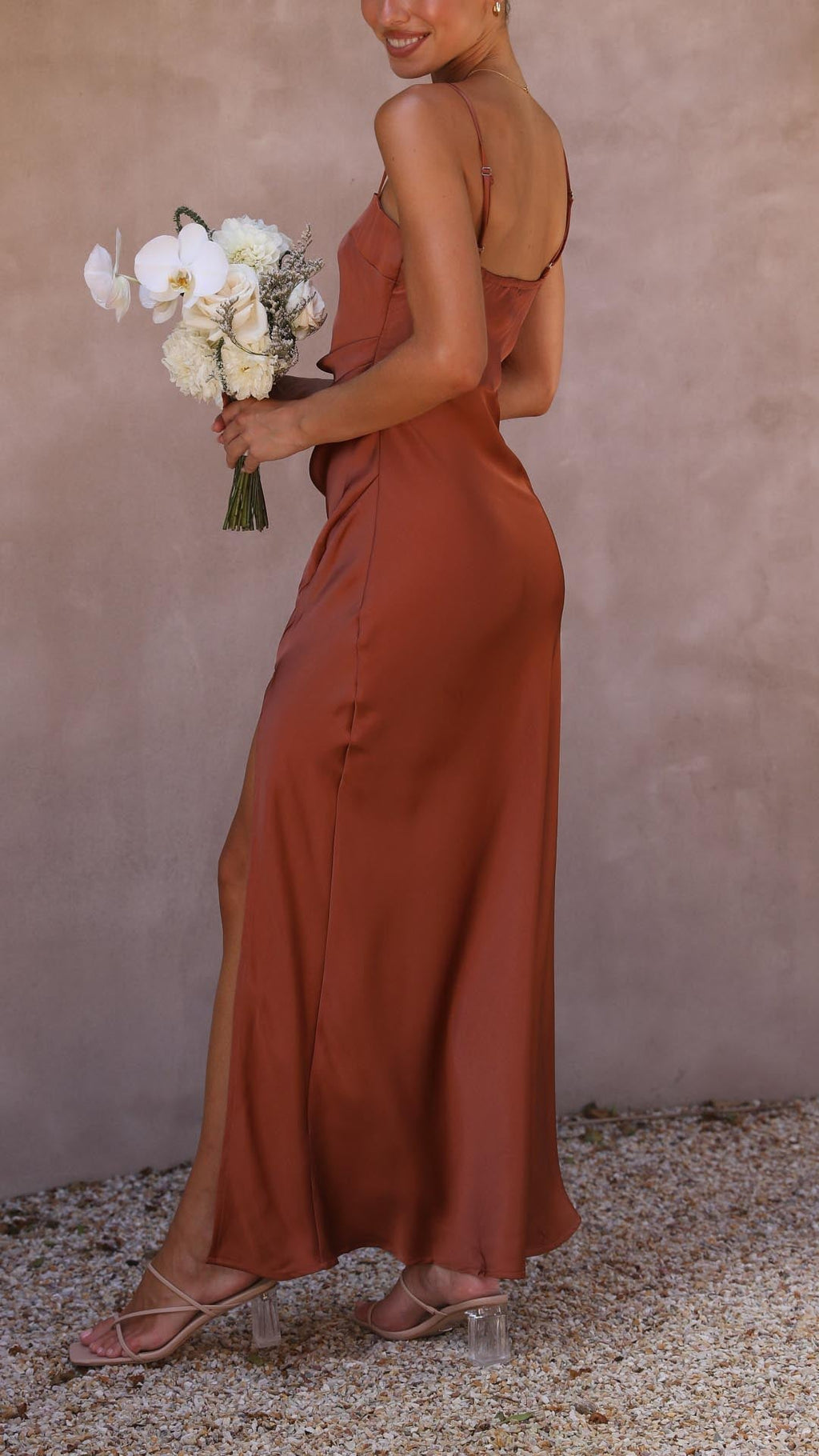 GR | Square-neck satin pleated maxi dress