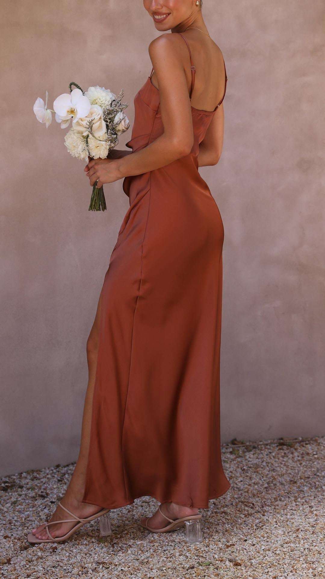 GR | Square-neck satin pleated maxi dress