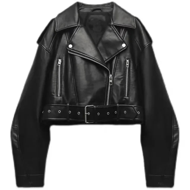 GR - Women's cropped faux leather biker jacket with fitted waist