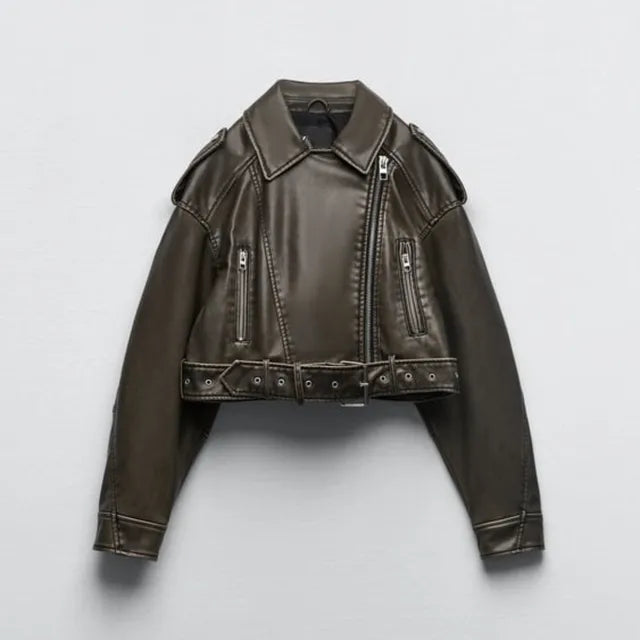 GR - Women's cropped faux leather biker jacket with fitted waist