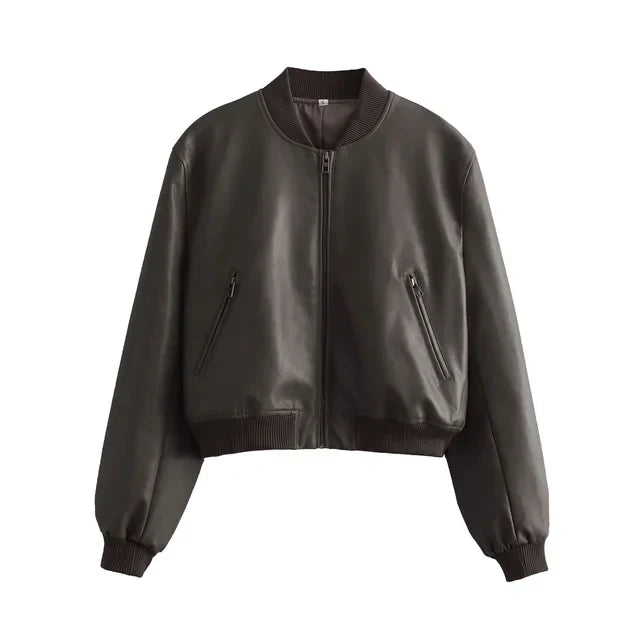 GR  - Vintage PU-Leder Bomberjacke für Damen mit Stehkragen und Frontreißverschluss