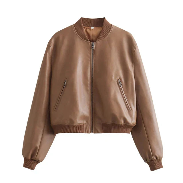 GR  - Vintage PU-Leder Bomberjacke für Damen mit Stehkragen und Frontreißverschluss