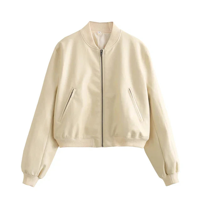 GR  - Vintage PU-Leder Bomberjacke für Damen mit Stehkragen und Frontreißverschluss