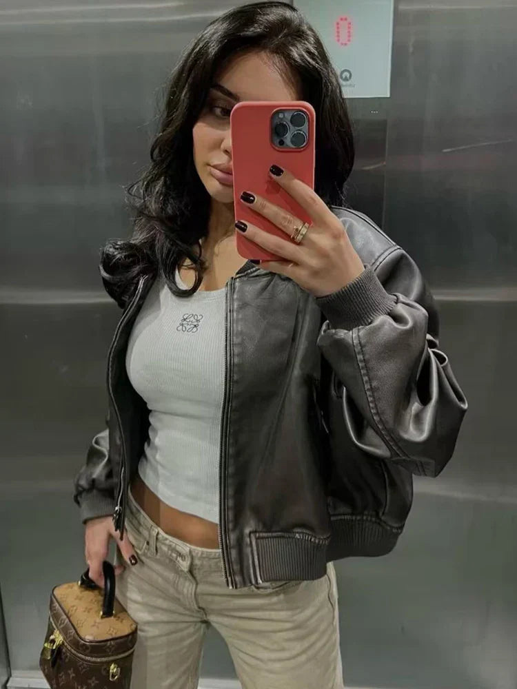 GR - Vintage PU leather bomber jacket for women with stand-up collar and front zipper