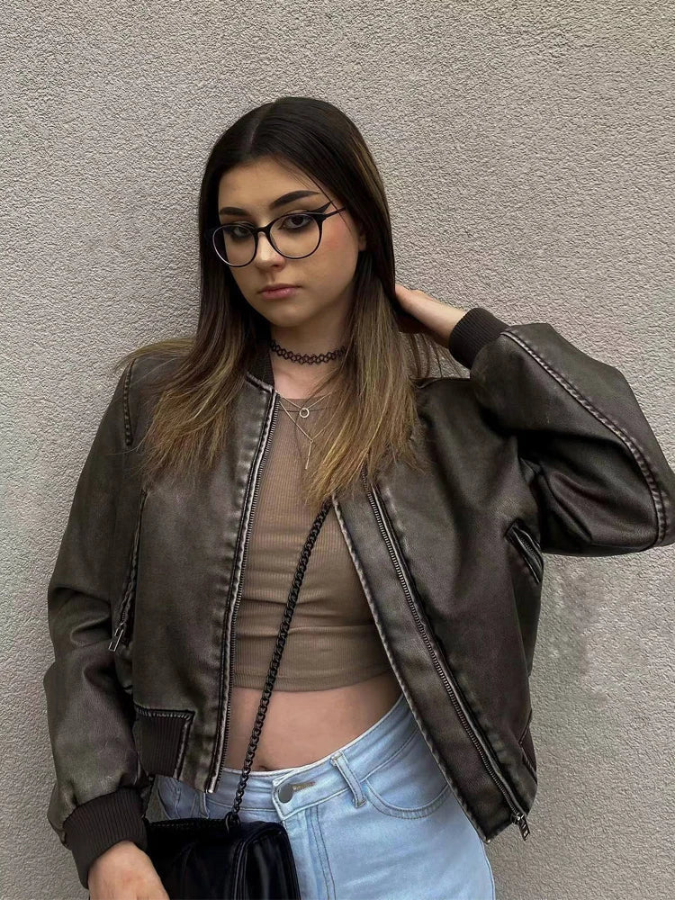 GR - Vintage PU leather bomber jacket for women with stand-up collar and front zipper