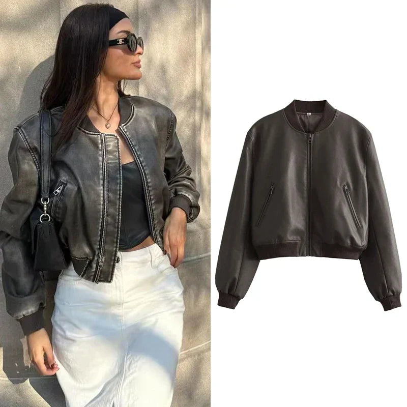 GR - Vintage PU leather bomber jacket for women with stand-up collar and front zipper
