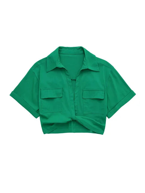 GR - Damen Vintage Kurzarm Leinen Crop Shirt