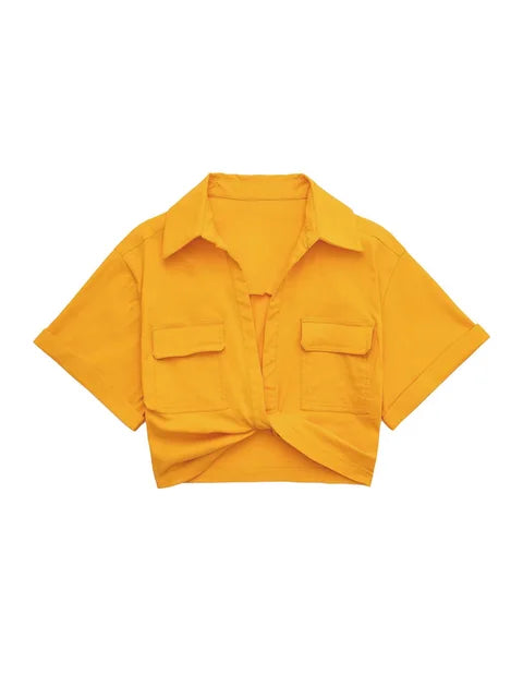 GR - Damen Vintage Kurzarm Leinen Crop Shirt