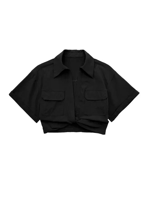 GR - Damen Vintage Kurzarm Leinen Crop Shirt