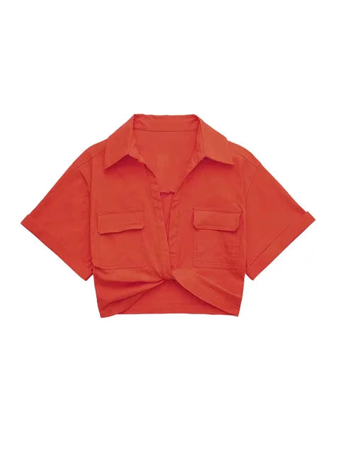 GR - Damen Vintage Kurzarm Leinen Crop Shirt