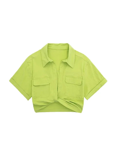 GR - Damen Vintage Kurzarm Leinen Crop Shirt