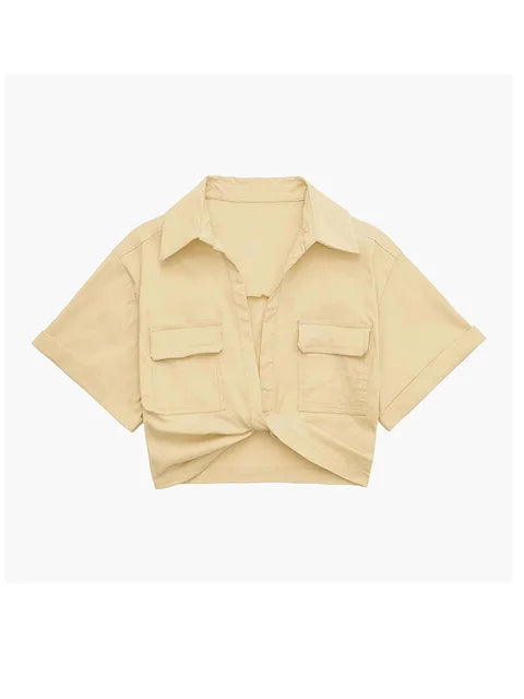 GR - Damen Vintage Kurzarm Leinen Crop Shirt