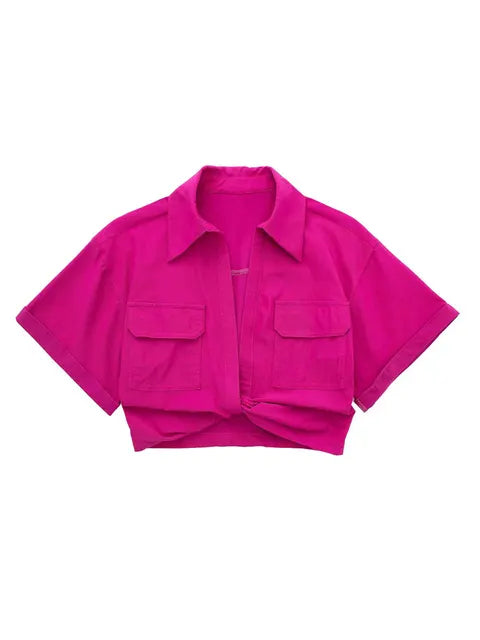 GR - Damen Vintage Kurzarm Leinen Crop Shirt