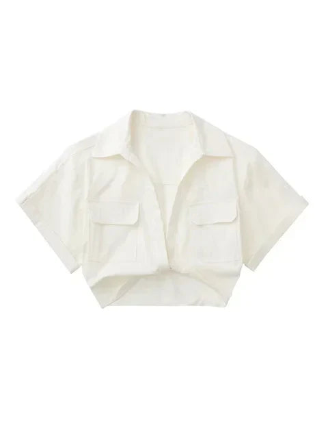 GR - Damen Vintage Kurzarm Leinen Crop Shirt